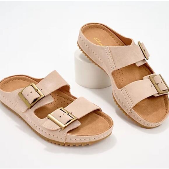 Clarks Leather Suede Double Buckle Slide Tan Sandals size 10 no box - Picture 1 of 9